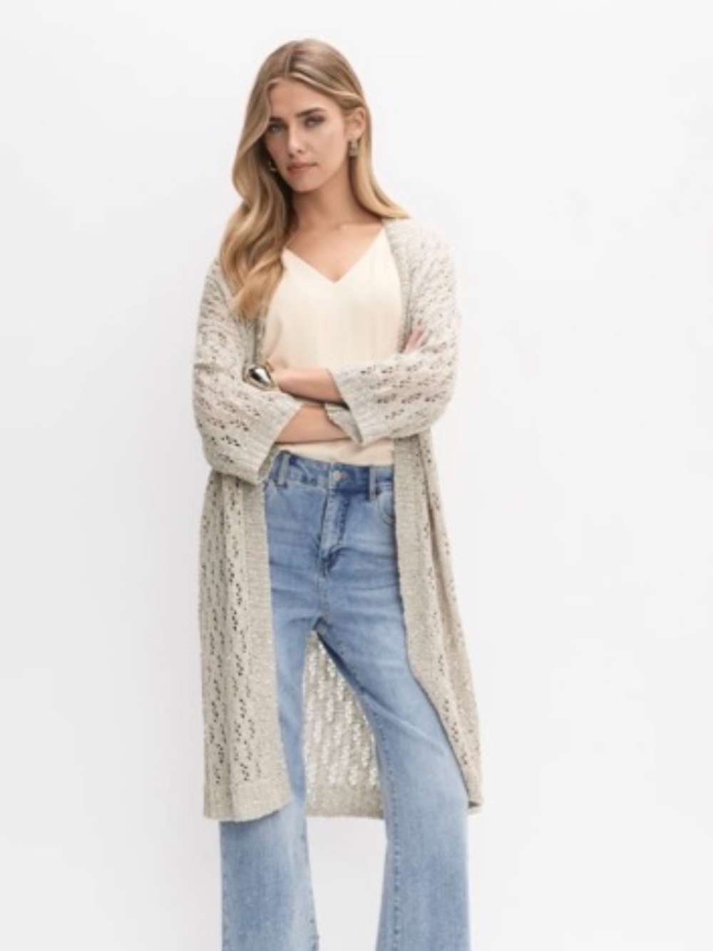 ✨NWT Joseph Ribkoff Champagne Sequin Open Knit Long Cardigan L